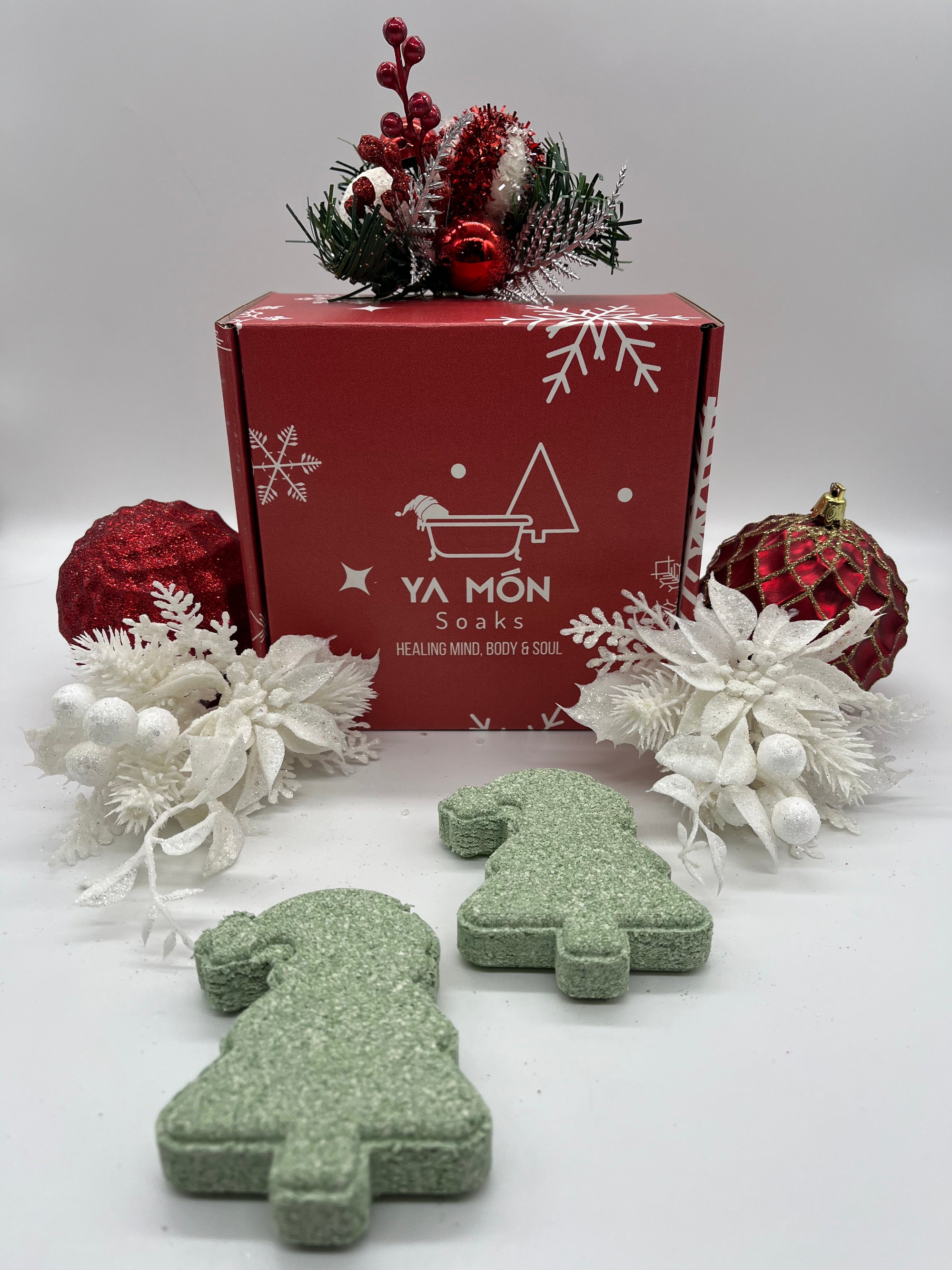 all natural pine scented bath bombs shaped like a christmas tree on a Christmas themed background