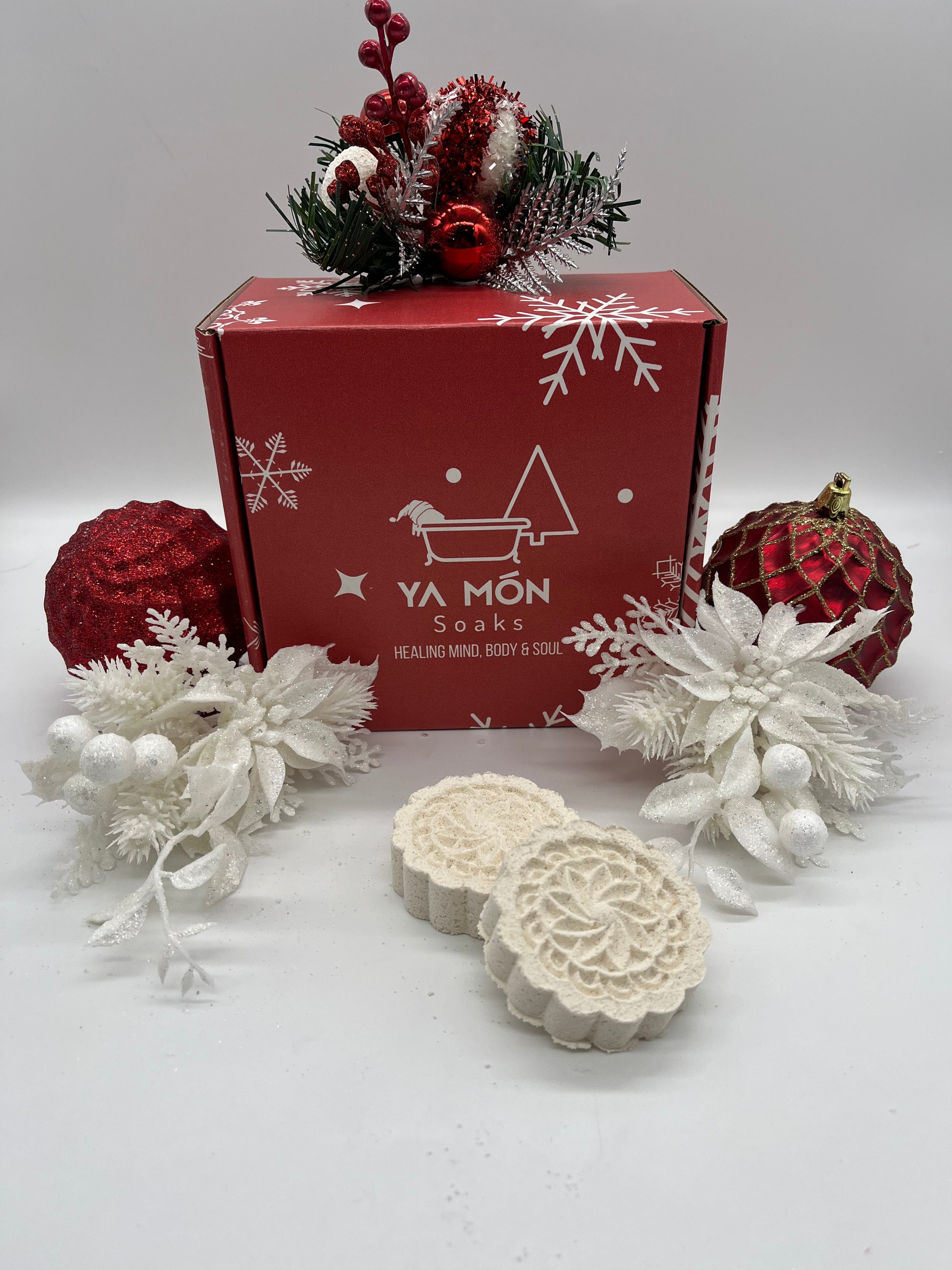 all natural christmas themed bath bombs shaped like snowmen resting on a christmas themed background