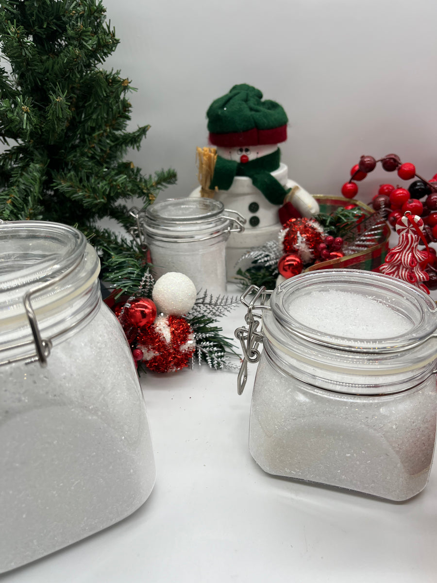 all natural bath salts with a christmas themed background