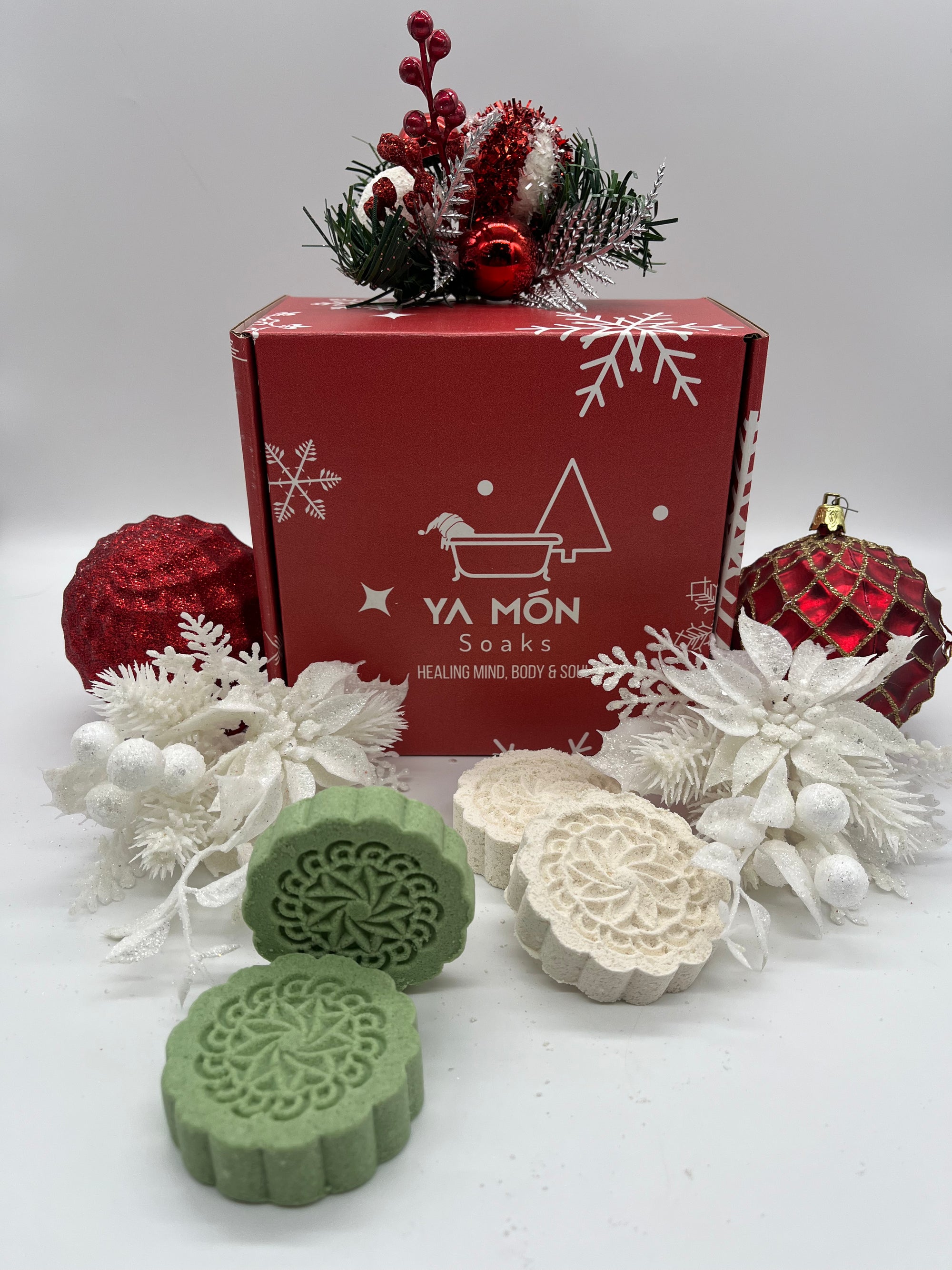 all natural shower steamers on a Christmas themed background