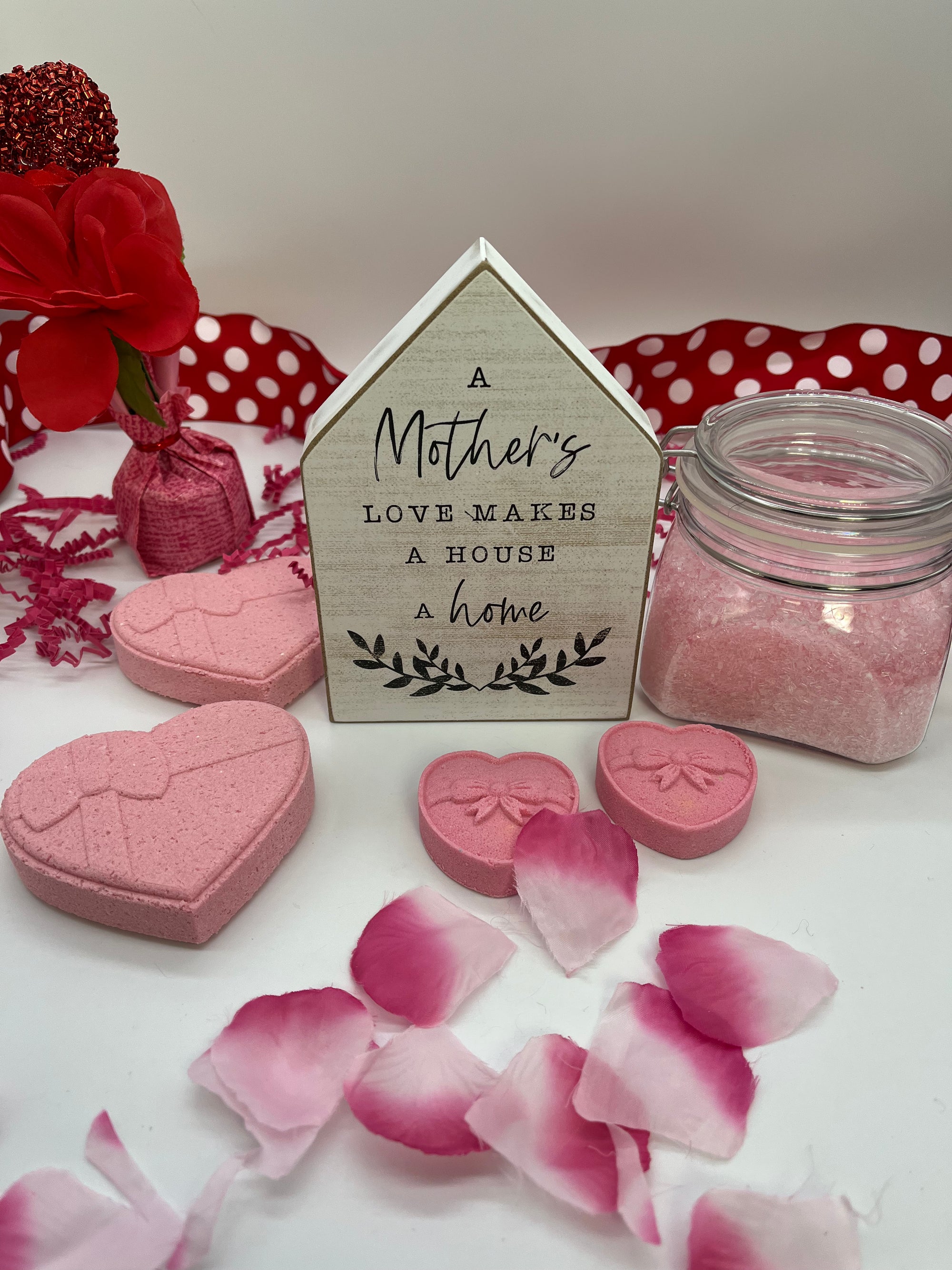 mother's day themed all natural bath bombs, shower steamers, and bath salts or bath crystals.