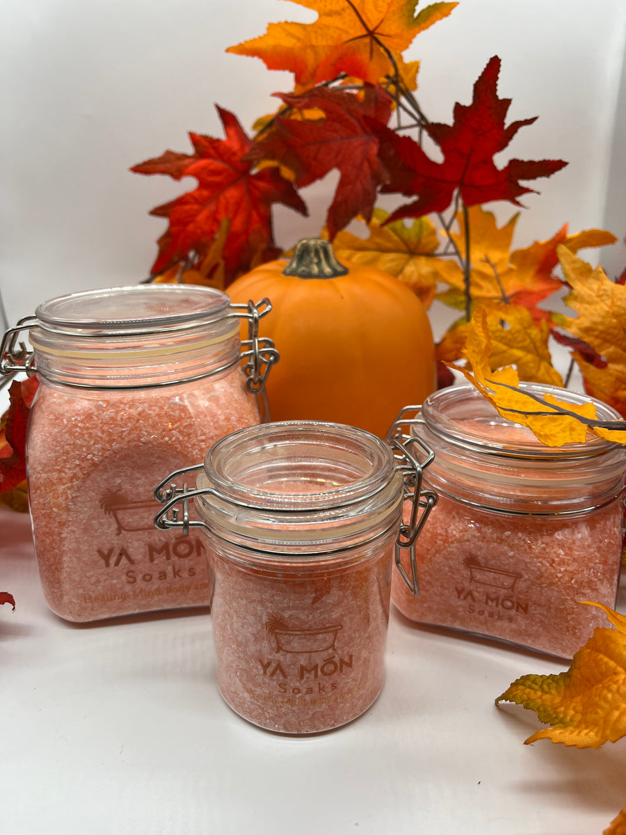 all natural pumpkin spice bath salts with a fall themed background